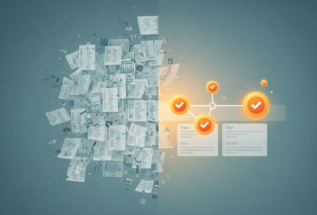 Chaotic pile of unqualified lead spreadsheets transforming into streamlined qualified lead pipeline with orange checkmarks representing quality-focused B2B sales process