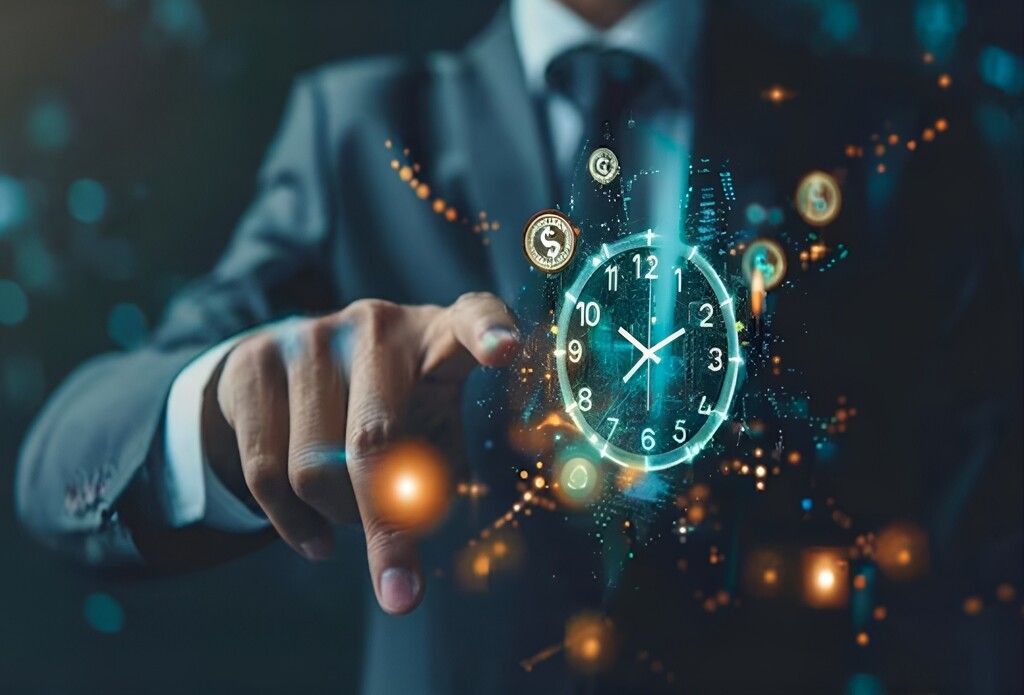 Business professional interacting with digital clock illustrating the buyer time economy and decision-making priorities