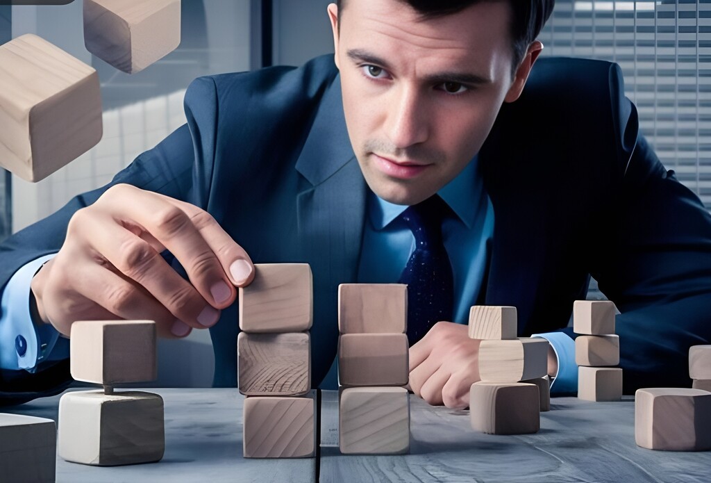 Business professional stacking blocks illustrating B2B buyer optionality and decision complexity in purchasing