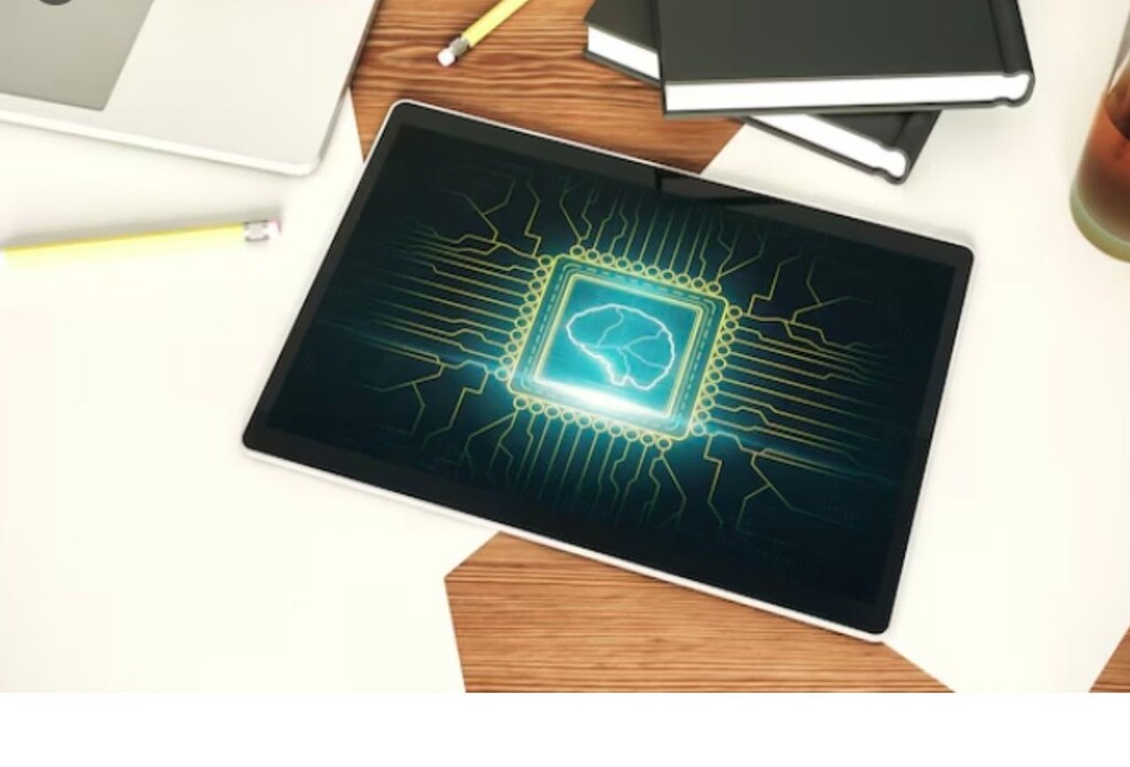 Digital brain chip on tablet screen symbolizing B2B brand recall and memory-driven marketing strategy