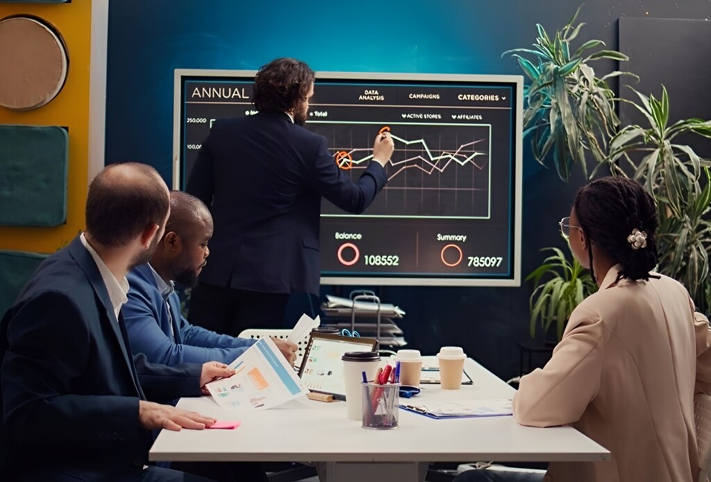 Team reviewing performance trends illustrating long-term B2B marketing strategy and sustained growth planning