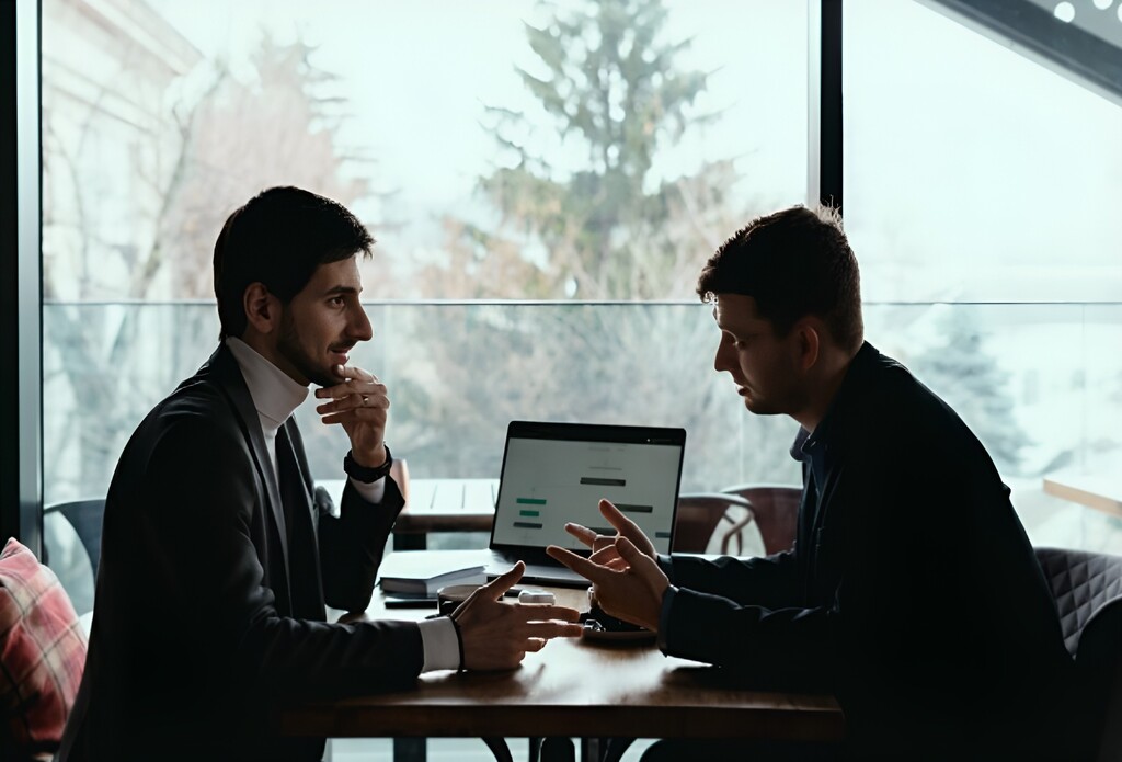 Two professionals in a business discussion demonstrating B2B credibility engineering through trust-based conversations