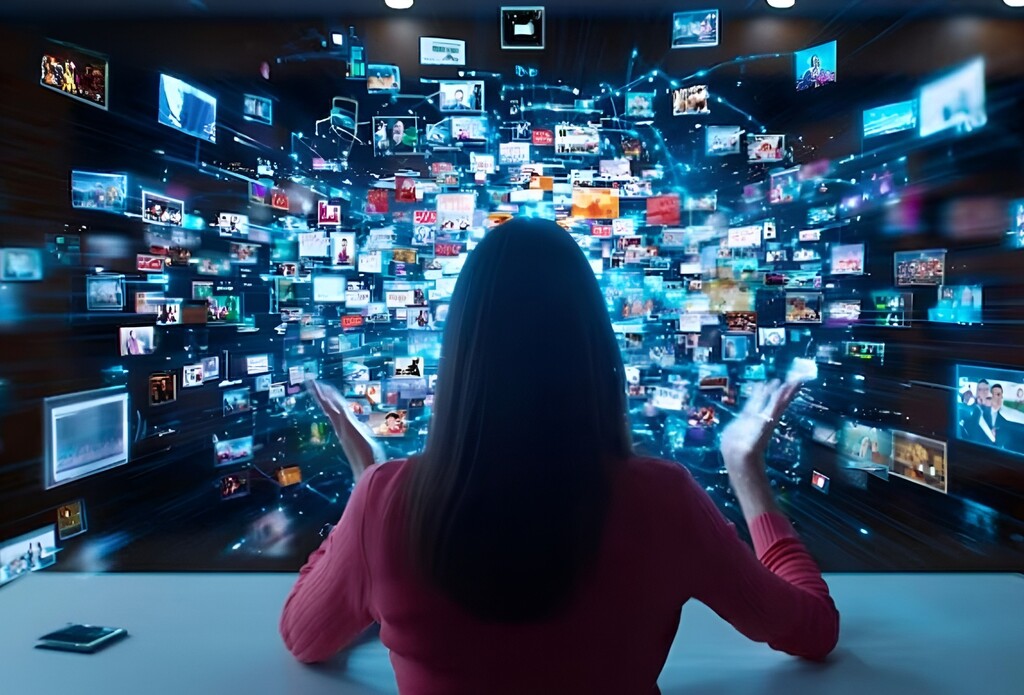 Professional managing multiple digital channels illustrating B2B content distribution strategy across fragmented platforms