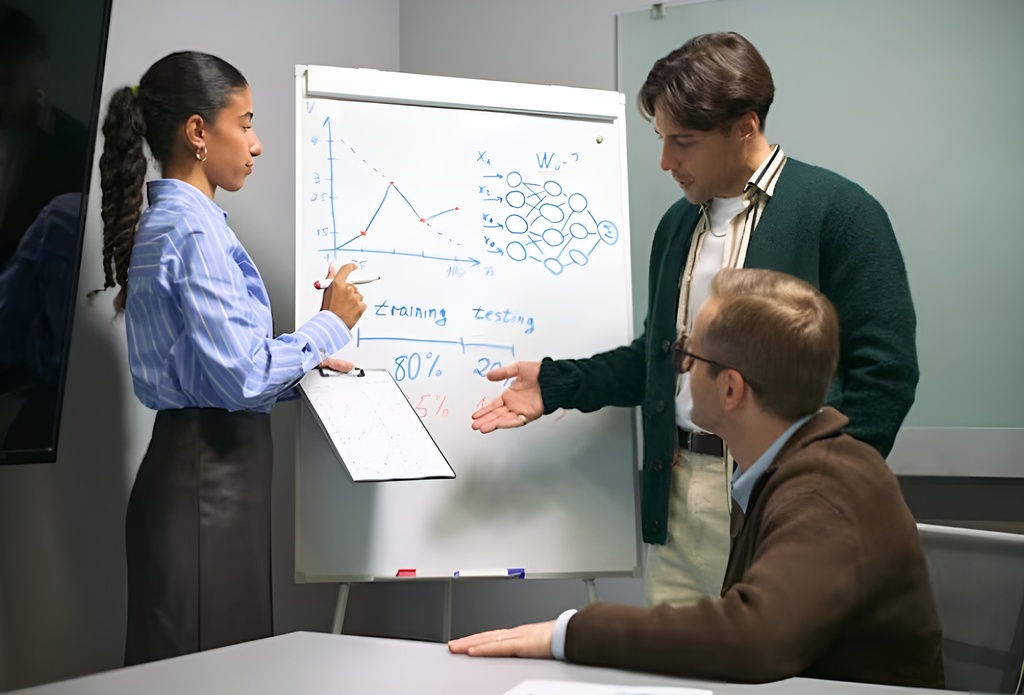 B2B team discussing performance charts on a whiteboard, illustrating how B2B execution lag delays strategy implementation and pipeline growth