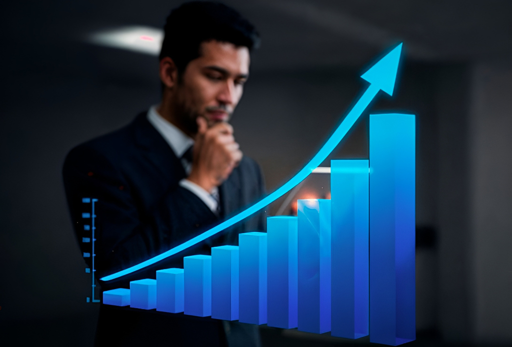 Business professional analyzing growth chart representing demand infrastructure scaling for sustainable pipeline growth