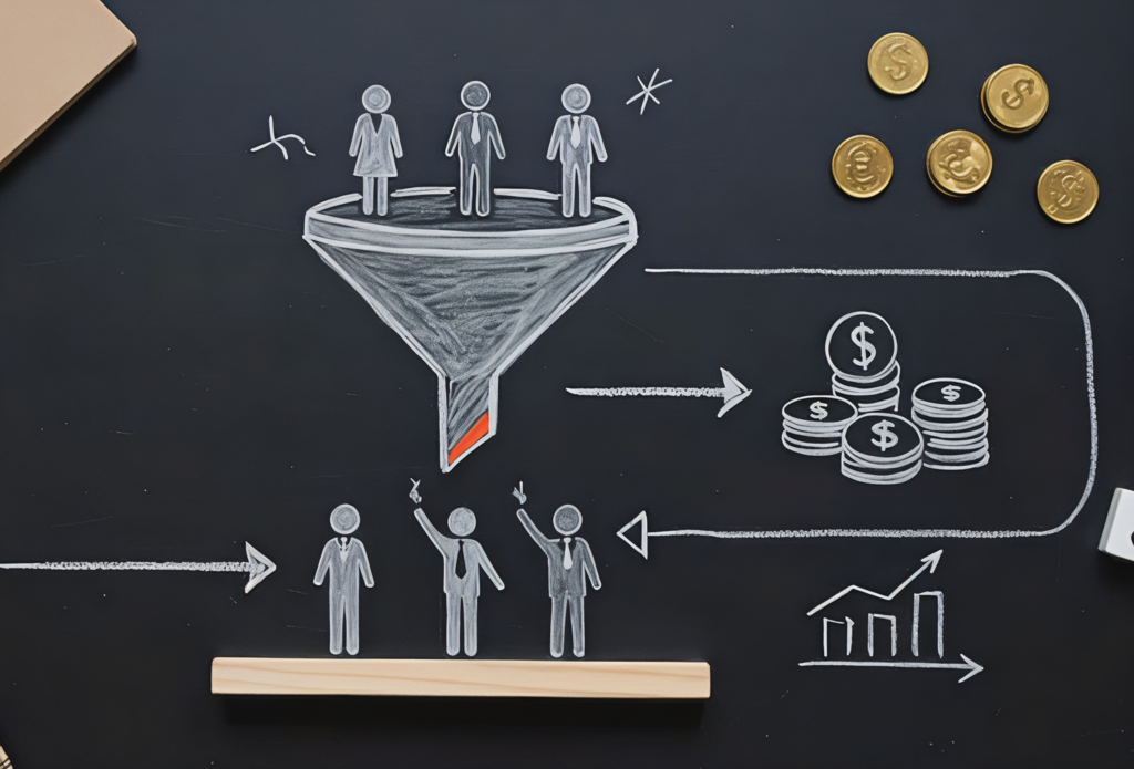 Illustration of fragmented lead flow and revenue leakage caused by B2B campaign fragmentation across disconnected marketing activities